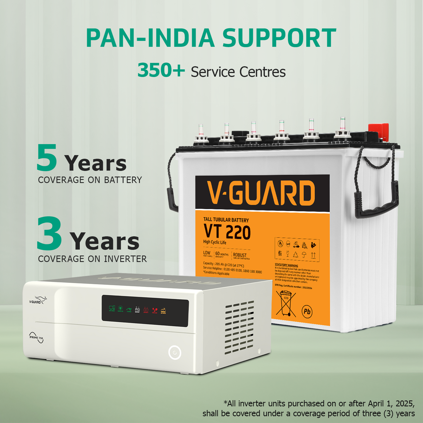 V-Guard Inverter & Battery Combo - 750 Pure Sine Wave 650VA/ 12V Inverter, VT 220 (205Ah Tall Tubular Battery) for Home, Office & Shops