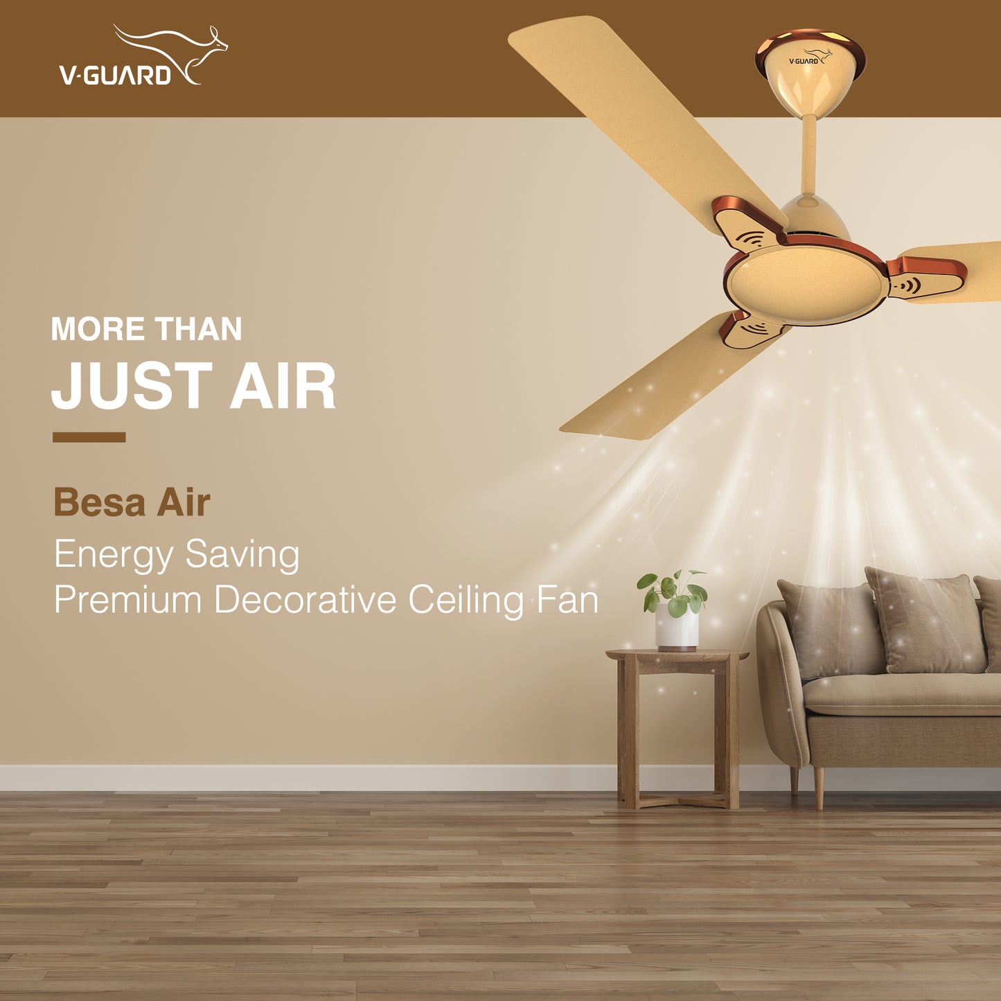 Besa Air Ceiling Fan For Home, High-Speed Copper Motor, Decorative Trims, 1.2 m, Imperial Gold