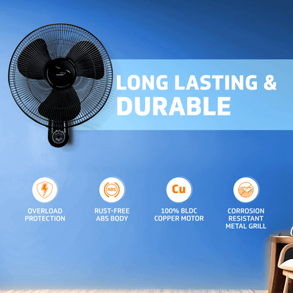 Enviro 400mm BLDC Wall Fan with Remote | 32W Energy-Efficient | 3 Speed Settings | 2-Year Warranty (Black)