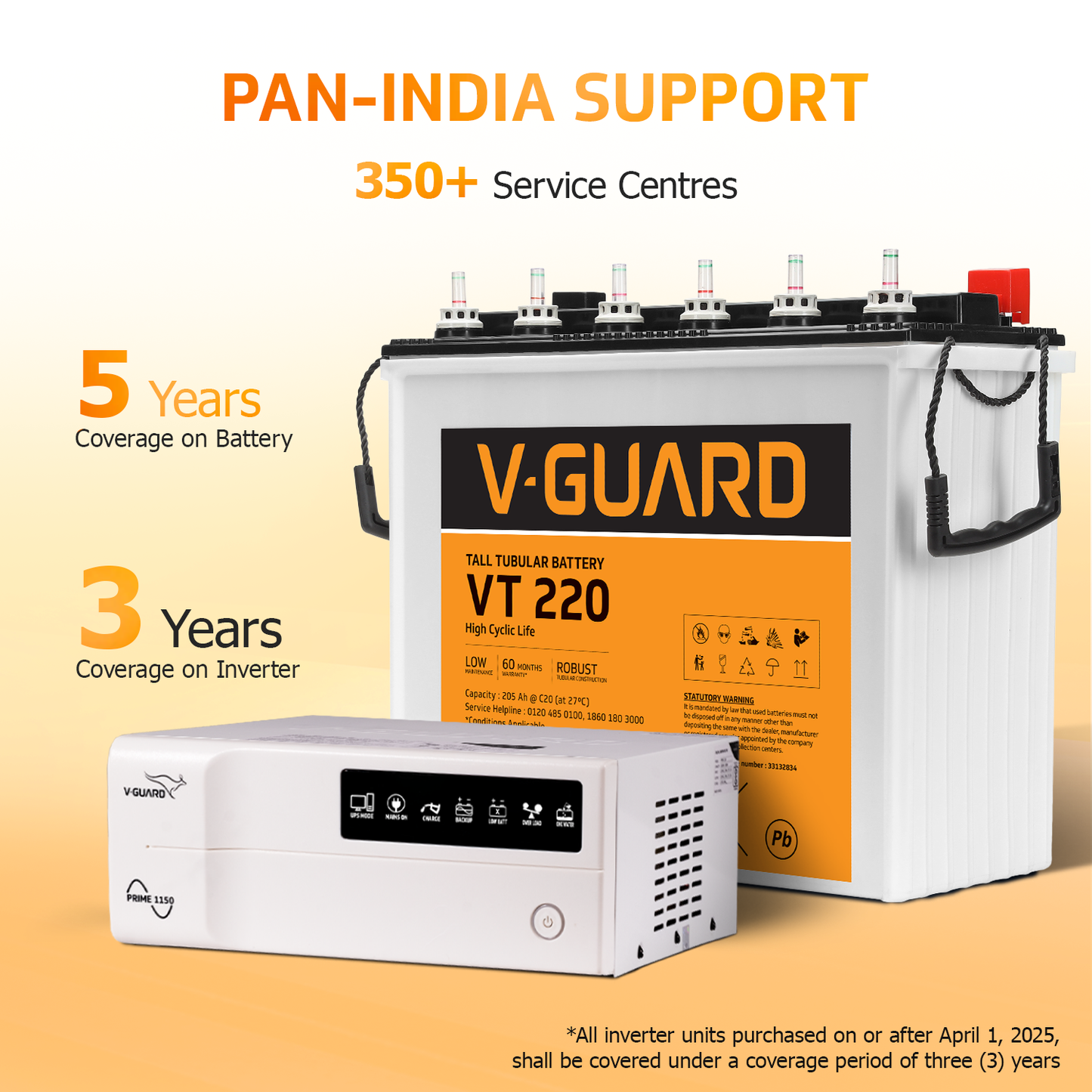 V-Guard Inverter & Battery Combo (1150 Pure Sine Wave 1000VA/12V Inverter, VT 220 (205 Ah Tall Tubular Battery) for Home, Office & Shops