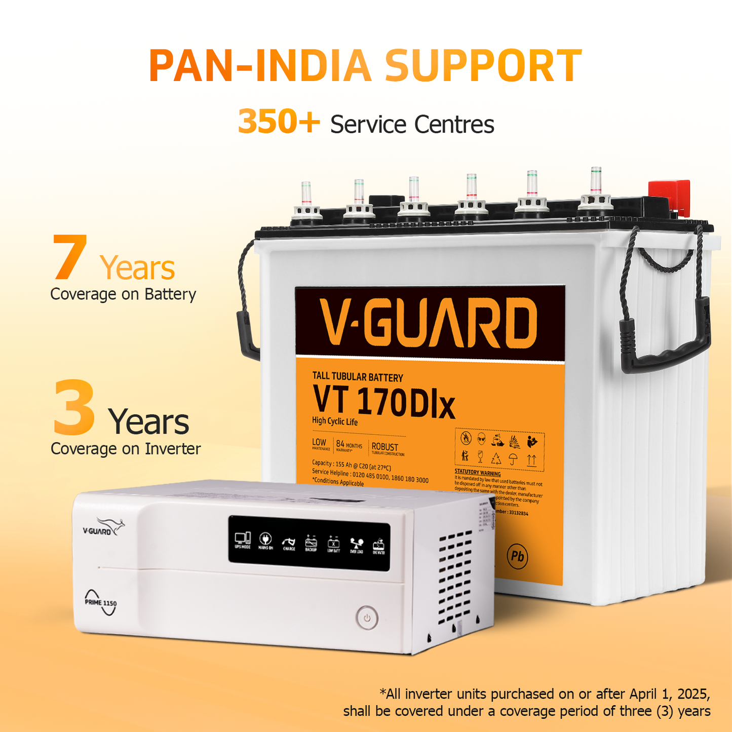 V-Guard Inverter & Battery Combo (1150 Pure Sine Wave 1000VA/12V Inverter, VT 170 DLX (155Ah Tall Tubular Battery) for Home, Office & Shops
