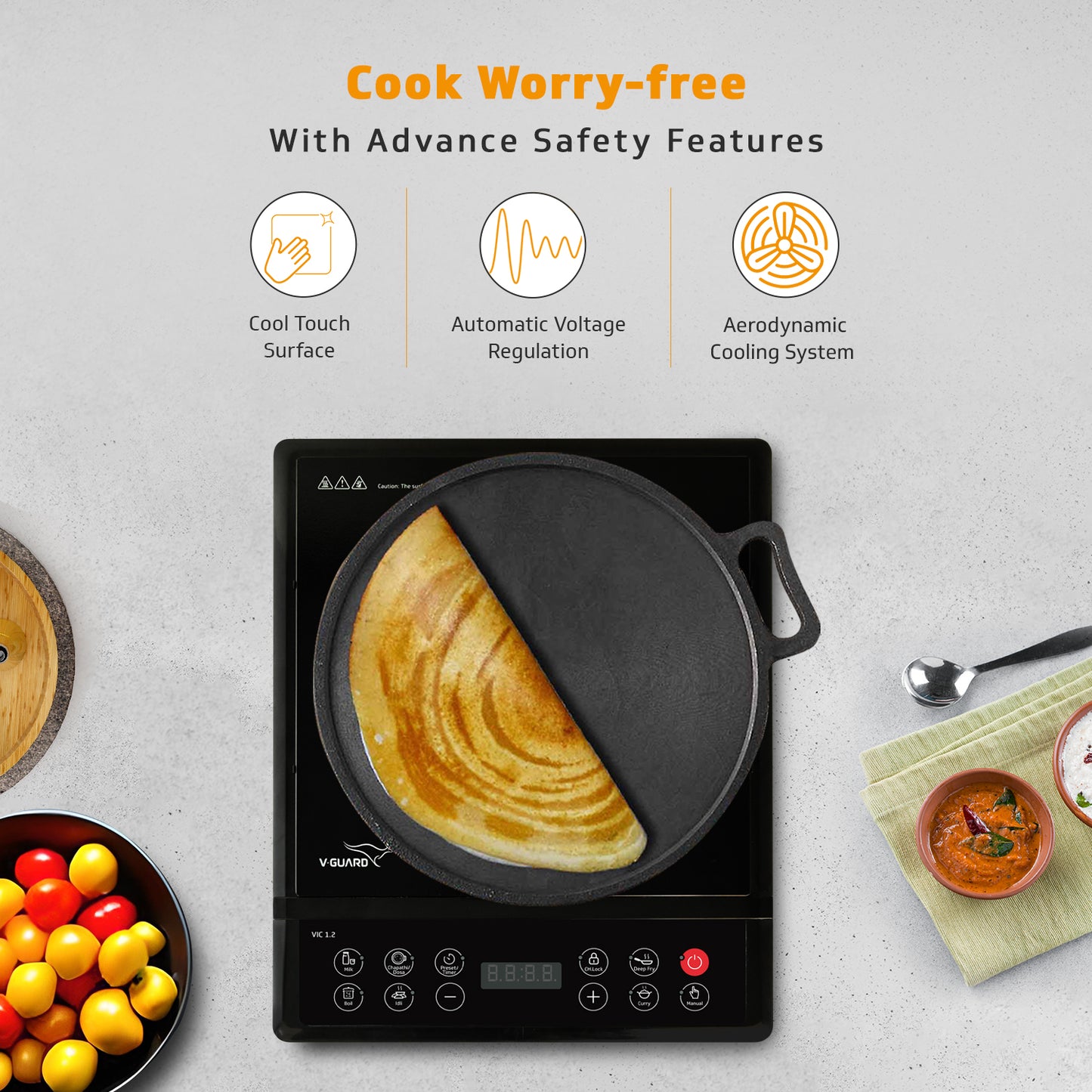 V-Guard VIC 1.2 Induction Cooktop | 1200 Watt Electric Induction Stove with 3 year Coverage on Induction Coil by V-Guard | 7 Power Levels | Temperature Control | Auto-cut off