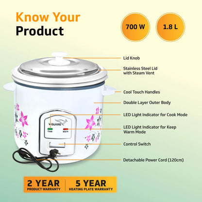 V-Guard VRC 1.8C Electric Rice Cooker, 1.8 Litre, 5 Year Heating Plate & 2 Year Product Coverage by V-Guard, Automatic Cooking with Warm & Cook Functions