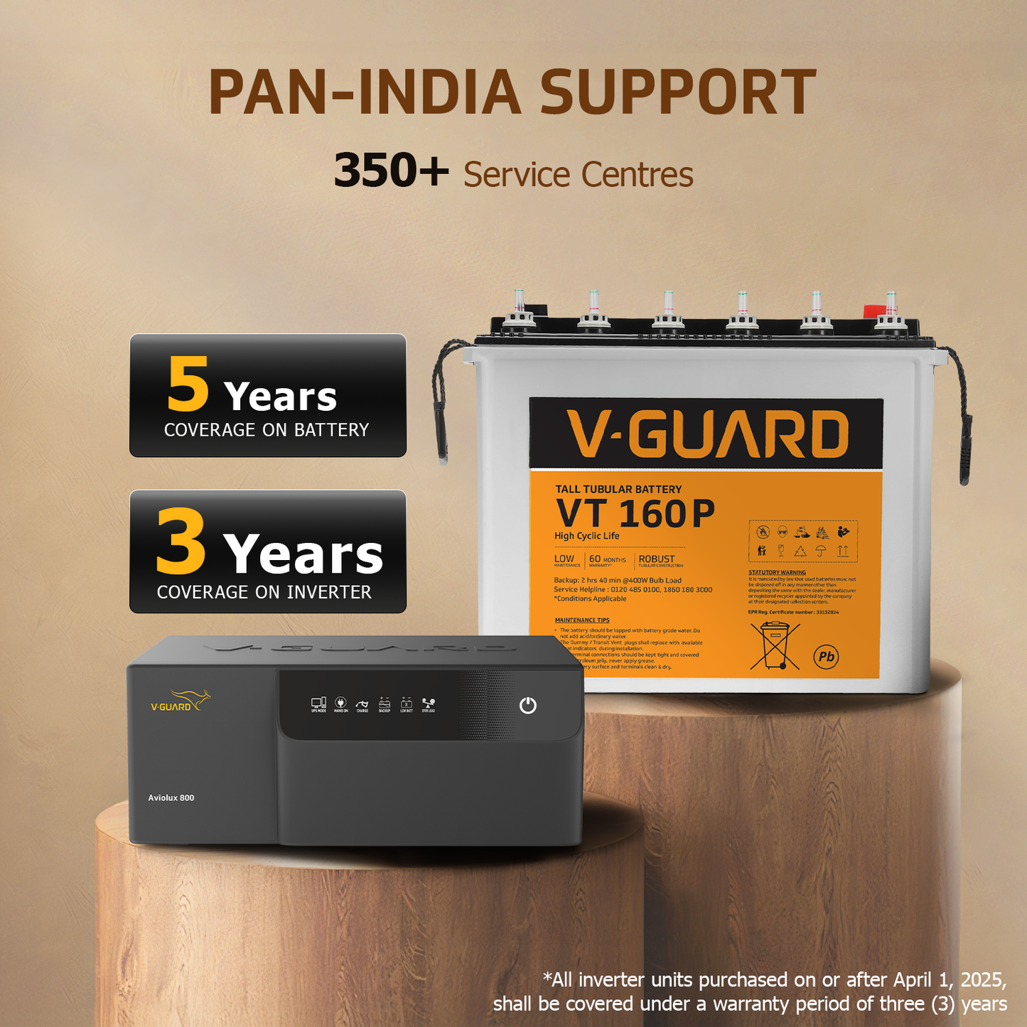 V-Guard Inverter & Battery Combo (Aviolux 800 Inverter with VT 160P (152 Ah Tall Tubular Battery)) for Home, Office & Shops