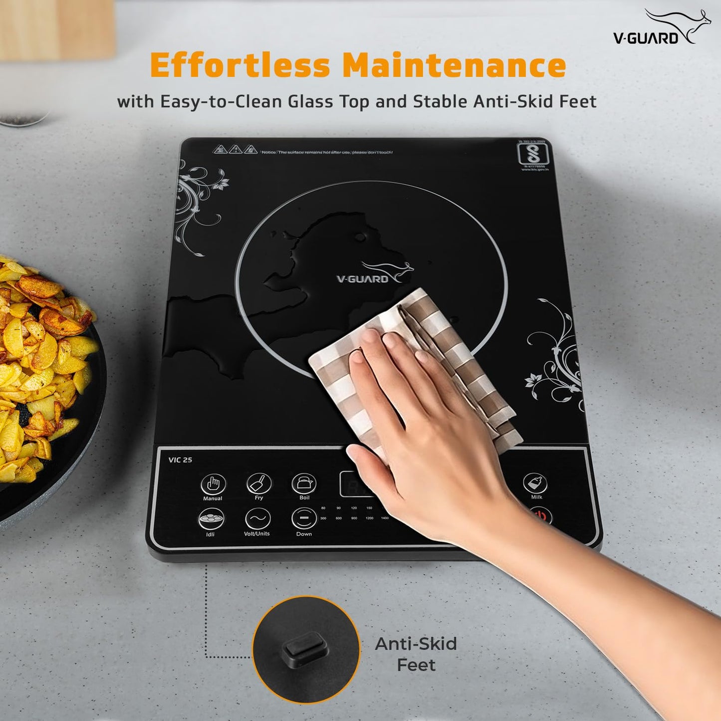 VIC 25 Induction Cooktop| 2000-Watt Electric Induction Stove with Preset Indian Menu | Temperature Control | Push button| Auto-cutoff | Polished Glass