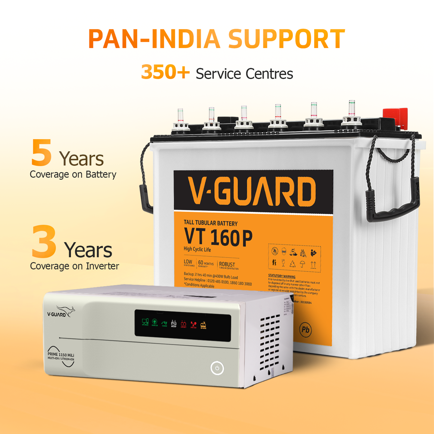 V-Guard Inverter & Battery Combo - Prime 1150 MiLi  Pure Sine Wave 1000VA/ 12V Inverter, VT 160 P (152Ah Tall Tubular Battery) for Home, Office & Shops