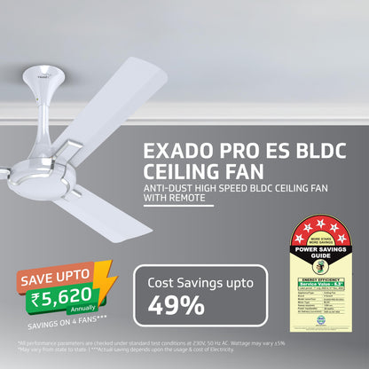 Exado Pro ES BLDC Ceiling Fan For Home, Anti Dust Coating, 5-Star Energy Saving, Remote Control, 100% Copper Motor, 1.2M (Pearl White Silver)