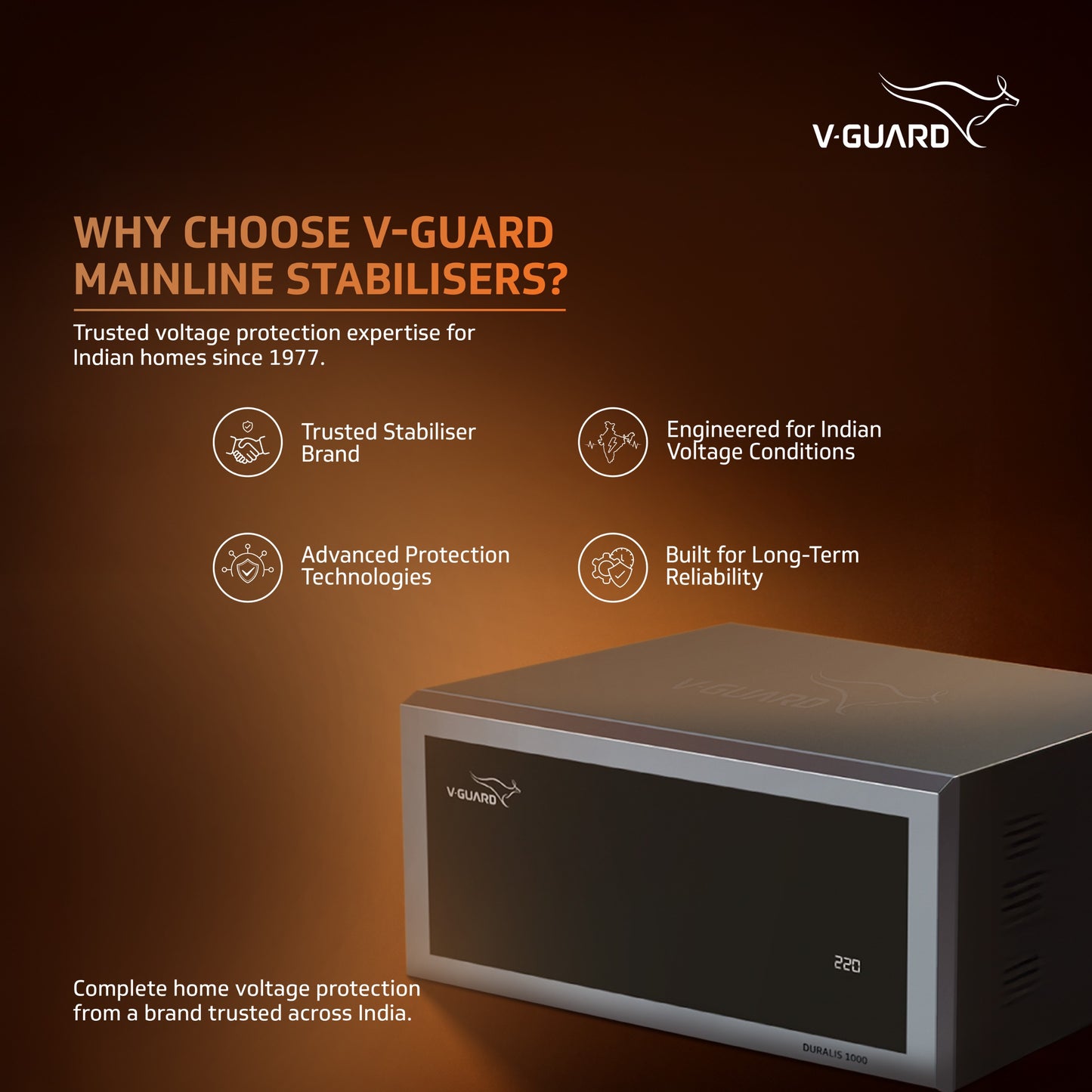 V-Guard Duralis 1000 Mainline Stabilizer for Home | Protect Your Entire Home with One Stabilizer | Digital Display | Wide Voltage Range (110 VAC–290 VAC) | 1 Year Warranty | Black