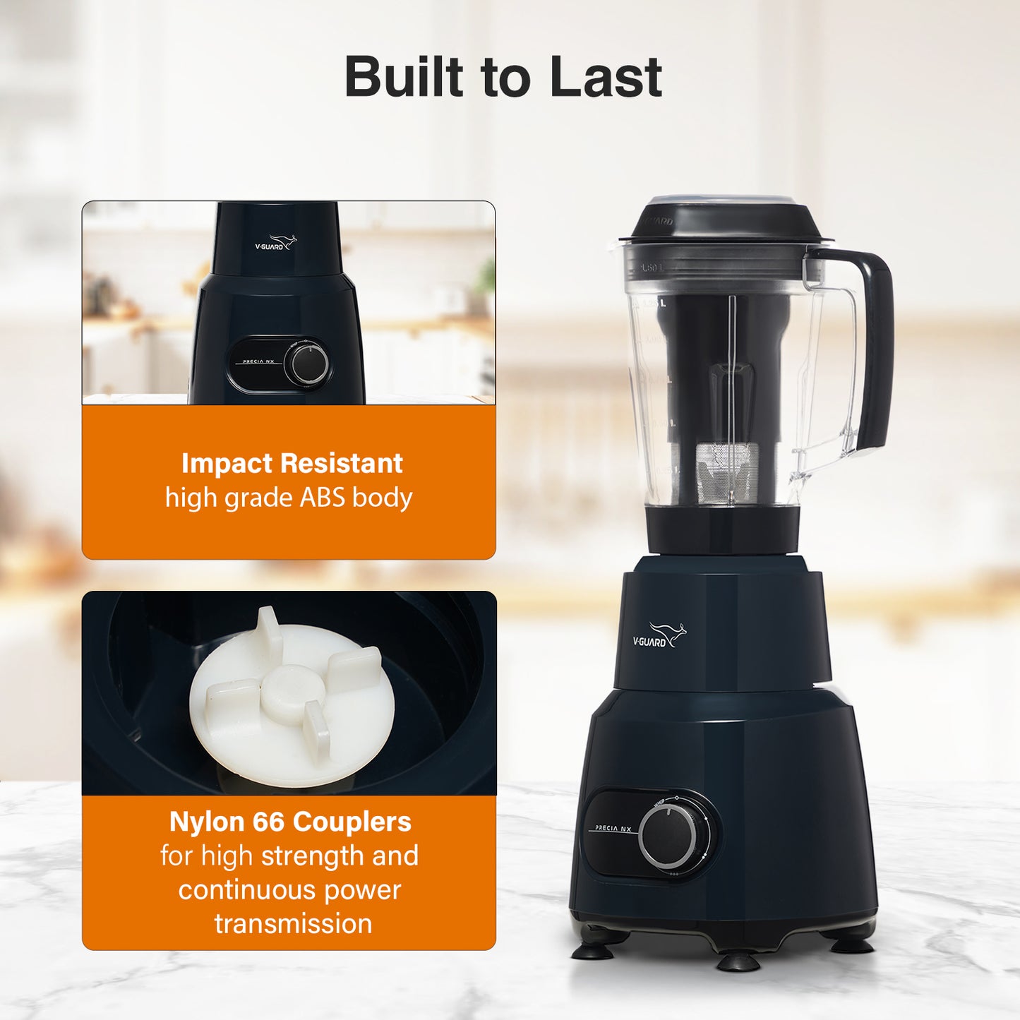 V-Guard Precia NX 750 W Juicer Mixer Grinder | 3-Year Motor Coverage | 4 Versatile Jars | Juicer, Large, Medium & Small | Compact ABS Body | SS Rust-Resistant Blades