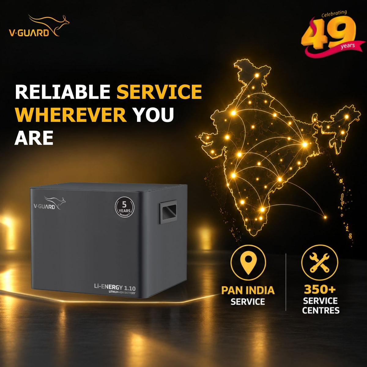 V-Guard Li-Energy 1.10 12.8V /100 Ah Lithium-Ion Battery for home, shops and offices| 1.28kWh Energy | Inbuilt BMS for Overall Protection | 5-Year Warranty