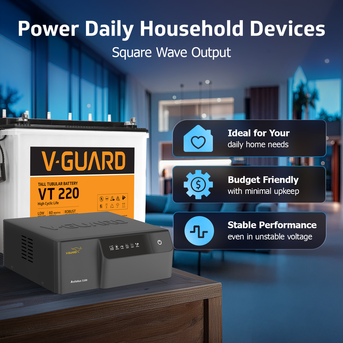 V-Guard Inverter & Battery Combo (Aviolux 1100 Inverter with VT 220 (205 Ah Tall Tubular Battery)) for Home, Office & Shops