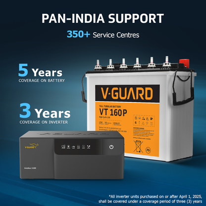 V-Guard Inverter & Battery Combo (Aviolux 1100 Inverter with VT 160P (152 Ah Tall Tubular Battery)) for Home, Office & Shops