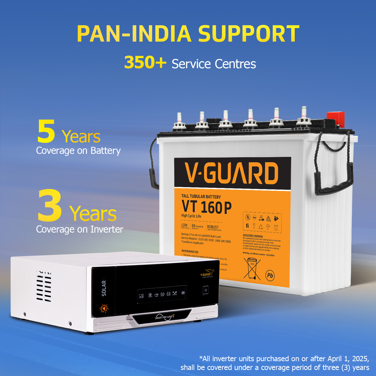 V-Guard Smart Inverter & Battery Combo (Smart Pro 1200 S Solar Inverter with VT 160 P (152Ah Tall Tubular Battery)) for Home, Office & Shops