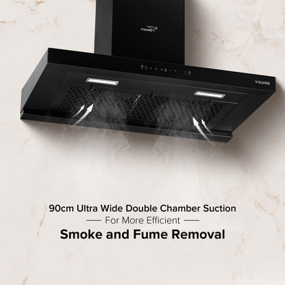 V-Guard T20 90cm Kitchen Chimney | 1300 m³/h Suction Capacity | Intelligent Auto Clean | Filterless | Motion with Touch Control | Wall mounted chimney with Elegant T-Shape Glass Design