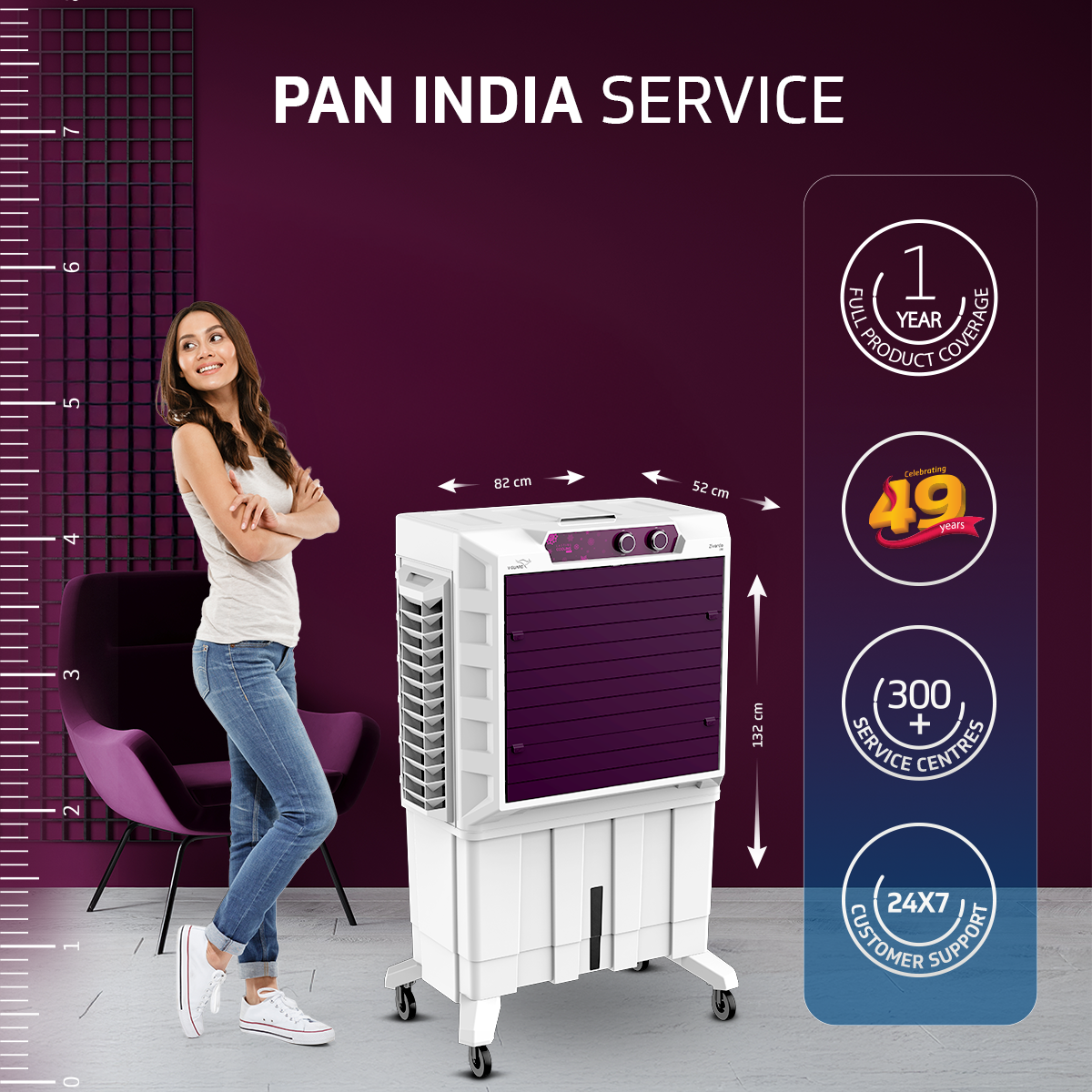 V-Guard Zivardo 100 Desert Air Cooler for Home | 100 Litre | 2 Years Warranty on Motor & Pump | White & Purple Burry