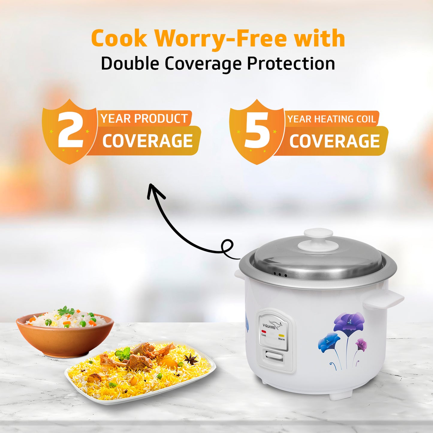 V-Guard VRC 1.0 C 1-Litre Electric Rice Cooker with 400 W Power, 2 Pots, Spatula, Rice Separator | 2-Year Product & 5-Year Heating Plate Coverage by V-Guard | Automatic Cooking with Double-Layer Body