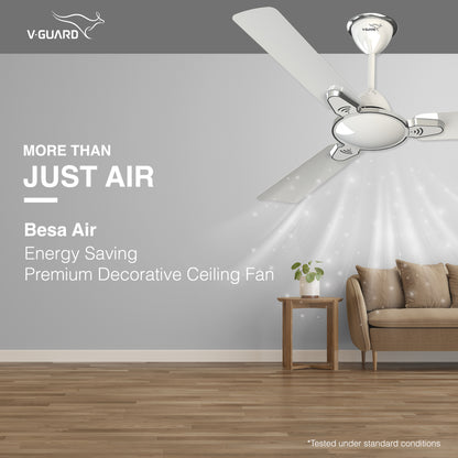 Besa Air Ceiling Fan For Home, High-Speed Copper Motor, Decorative Trims, 1.2 m, Pearl White