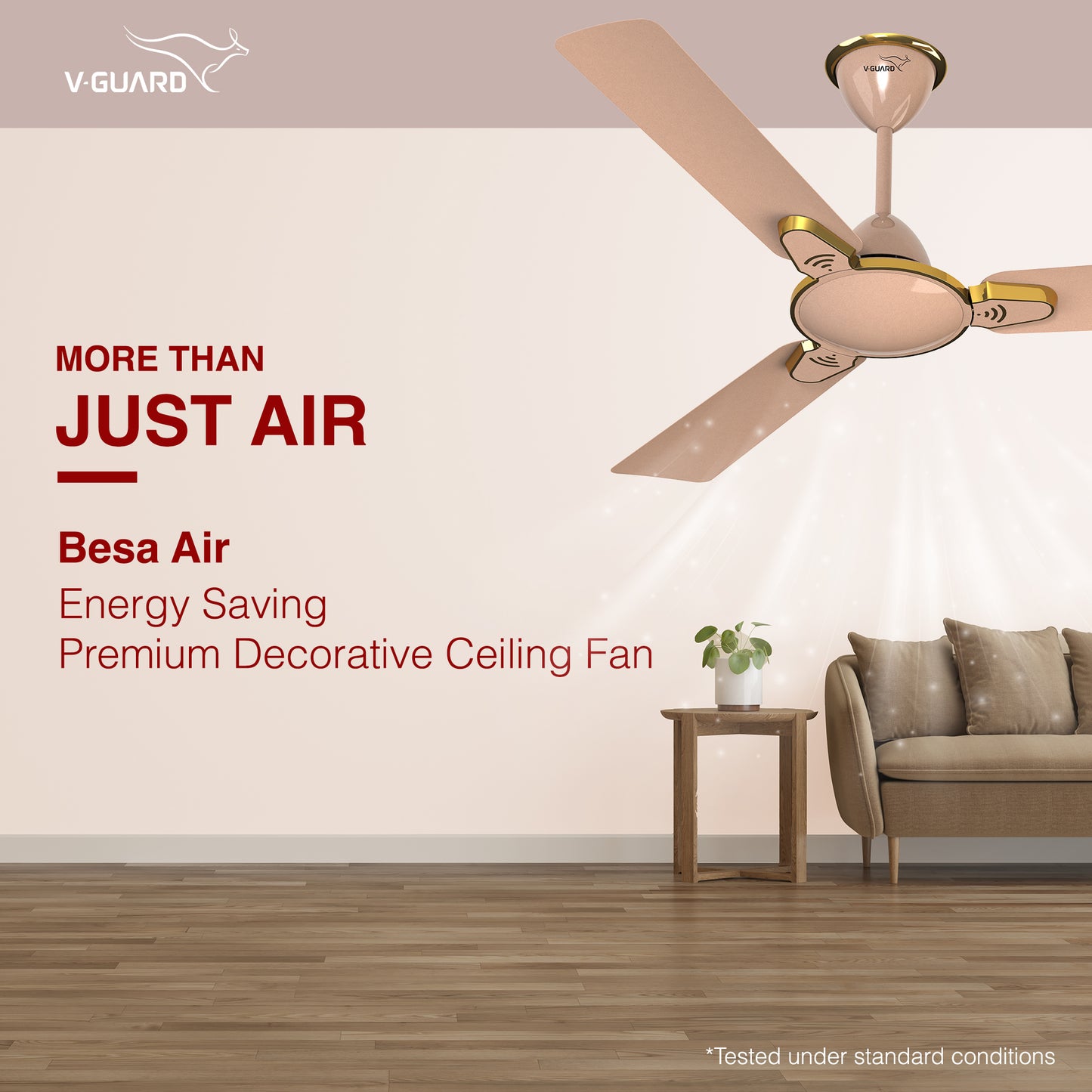 Besa Air Ceiling Fan For Home, High-Speed Copper Motor, Decorative Trims, 1.2 m, Rose Glow