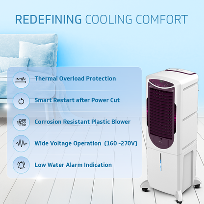 Arido T35 H DG Air Cooler for Home | Remote Comfort | 35 Litre | 2 Year warranty on main Motor & Pump | White & Purple Burry