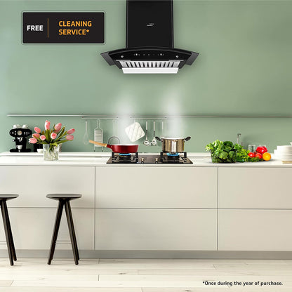 A10 BL180 Kitchen Chimney with 1300m³/hr Suction, Intelligent Auto Clean, Curved Glass, Baffle Filter, Motion Sensor Controls, Oil Collector Tray, LED Light (Black)