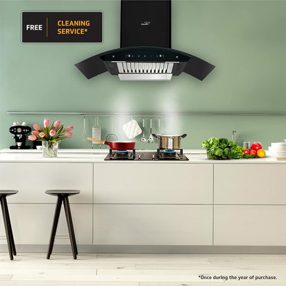 A20 BL180 Kitchen Chimney with 1300m³/hr Suction, Intelligent Auto Clean, Curved Glass, Baffle Filter, Motion Sensor Controls, Oil Collector Tray, LED Light (Black)