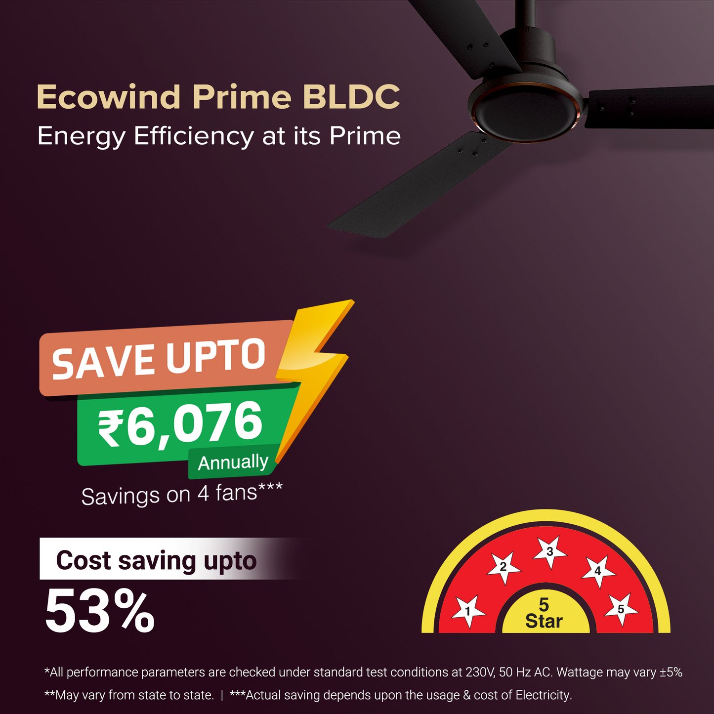 Ecowind Prime BLDC Motor Ceiling Fan with Remote, 1.2 m, Matte Brown, 5 Star Rated