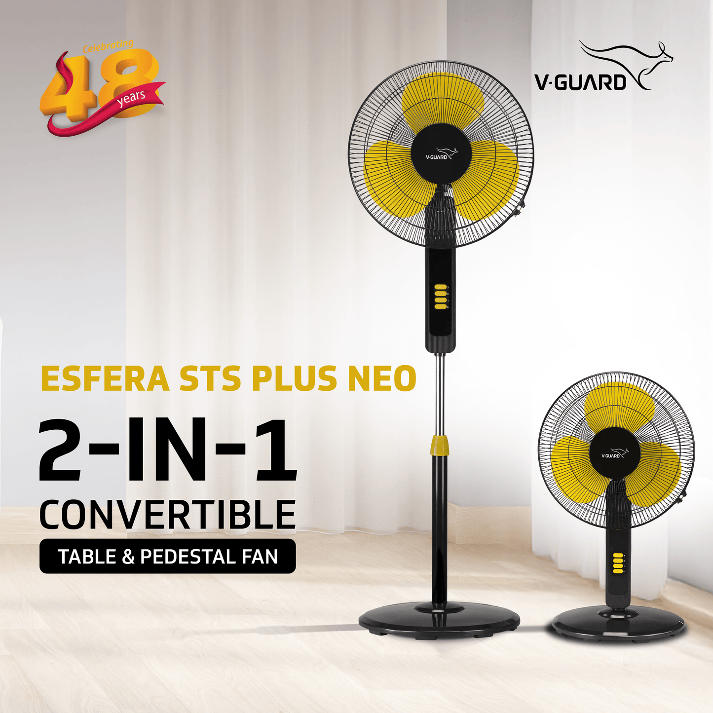 V-Guard Esfera STS Plus Neo Pedestal Cum Table Fan | Versatile 2-In-1 Operation | 1350 RPM Motor | Customisable Tilt And Oscillation Control | Yellow Black | 40 cm (400mm)
