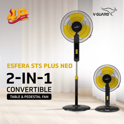V-Guard Esfera STS Plus Neo Pedestal Cum Table Fan | Versatile 2-In-1 Operation | 1350 RPM Motor | Customisable Tilt And Oscillation Control | Yellow Black | 40 cm (400mm)