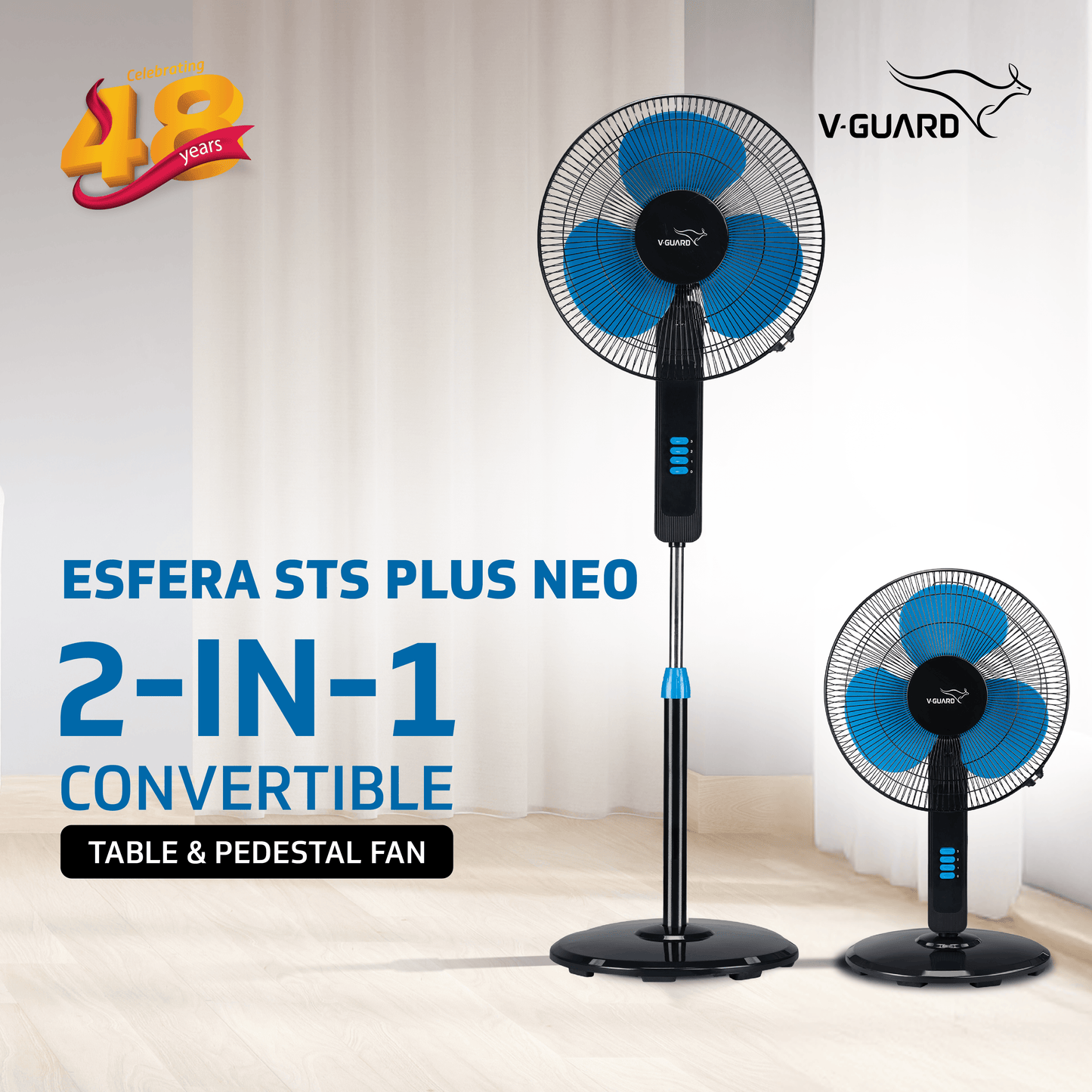 V-Guard Esfera STS Plus Neo Pedestal Cum Table Fan | Versatile 2-In-1 Operation | 1350 RPM Motor | Customisable Tilt And Oscillation Control | Blue Black | 40 cm (400mm)