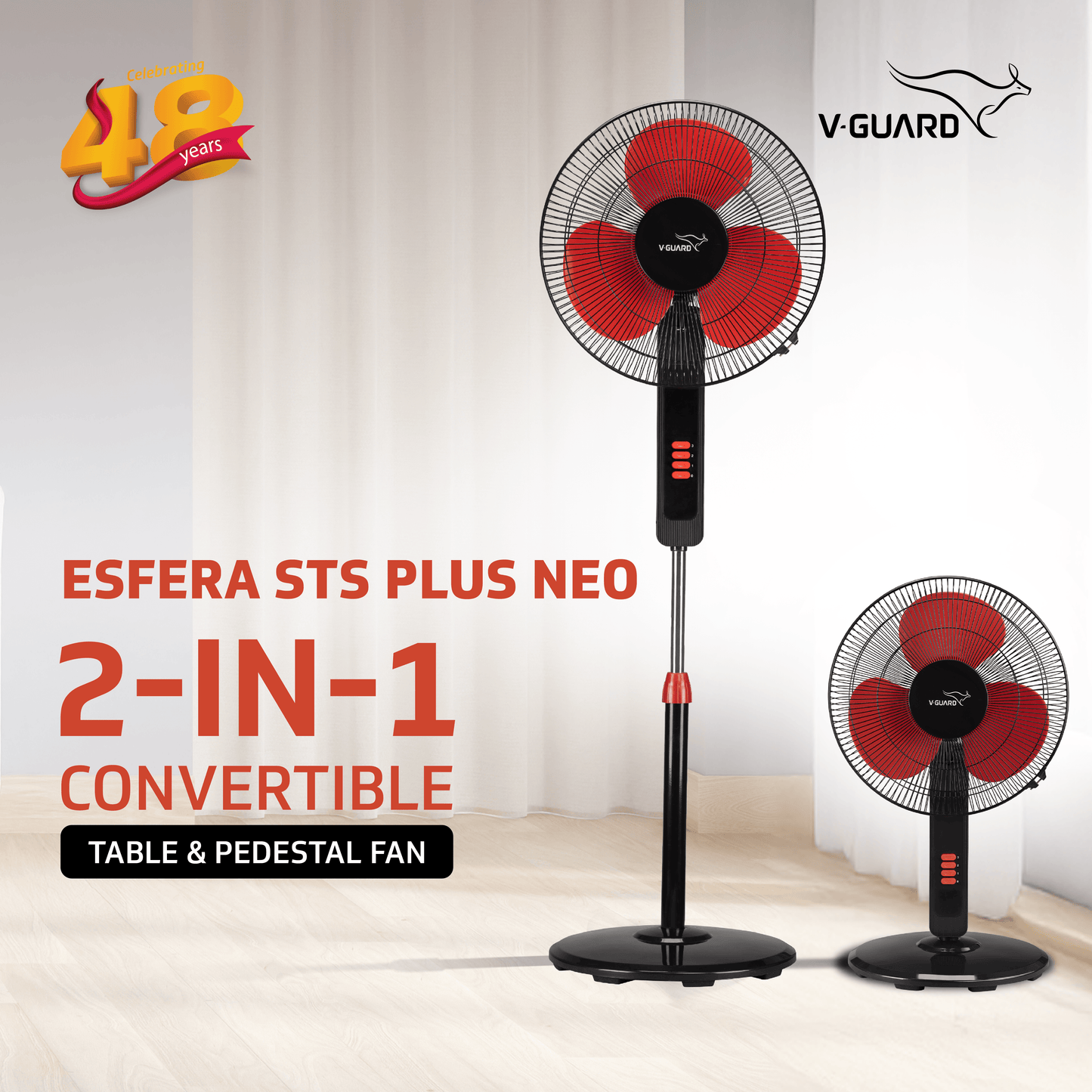 V-Guard Esfera STS Plus Neo Pedestal Cum Table Fan | Versatile 2-In-1 Operation | 1350 RPM Motor | Customisable Tilt And Oscillation Control | Red Black | 40 cm (400mm)