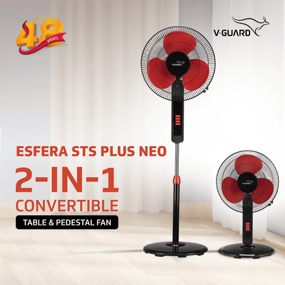 V-Guard Esfera STS Plus Neo Pedestal Cum Table Fan | Versatile 2-In-1 Operation | 1350 RPM Motor | Customisable Tilt And Oscillation Control | Red Black | 40 cm (400mm)