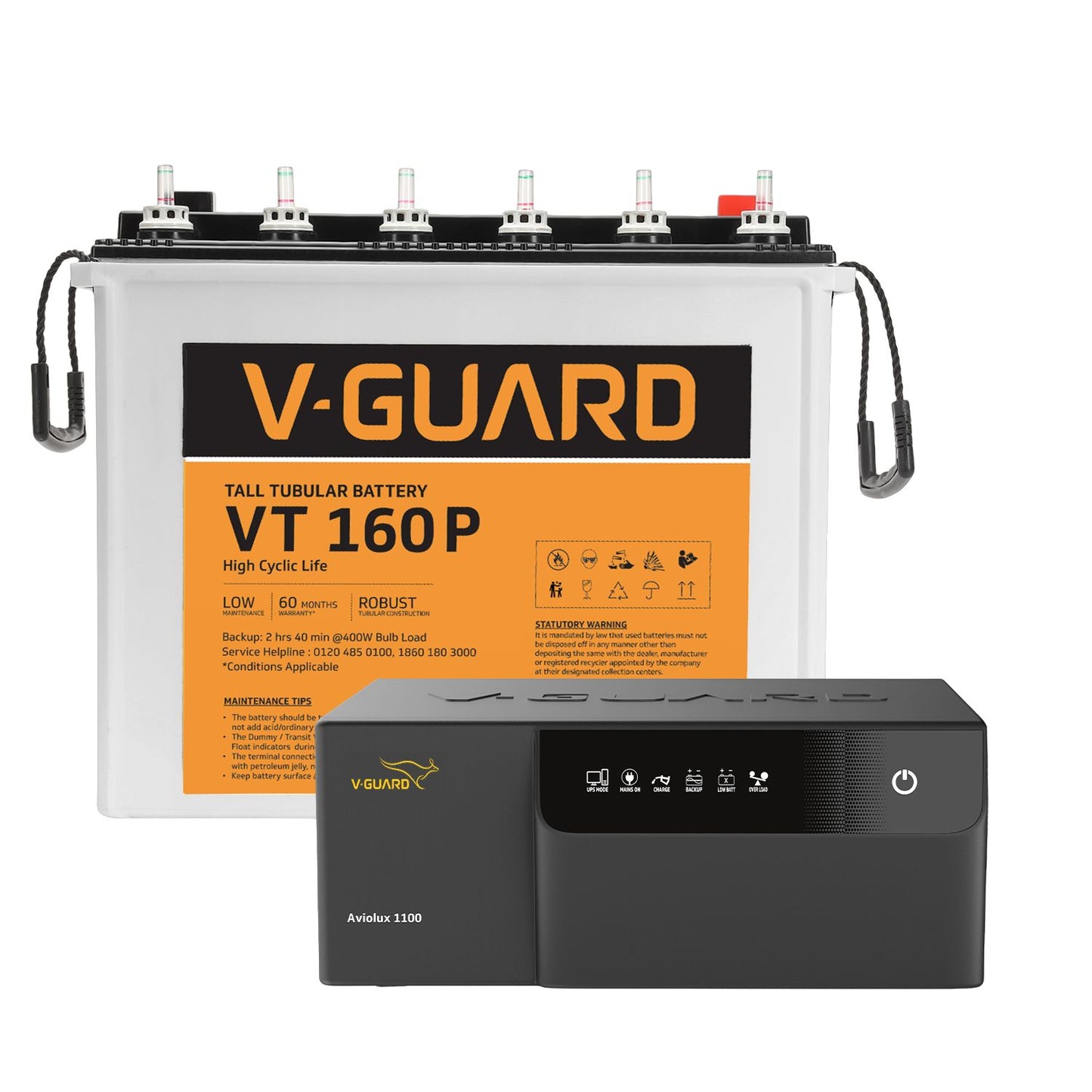 V-Guard Inverter & Battery Combo (Aviolux 1100 Inverter with VT 160P (152 Ah Tall Tubular Battery)) for Home, Office & Shops