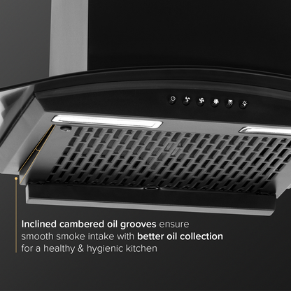 C10 60cm Kitchen Chimney with 900 m³/hr Suction | Filterless | Intelligent Auto Clean | Elegant Curved Glass Design |
