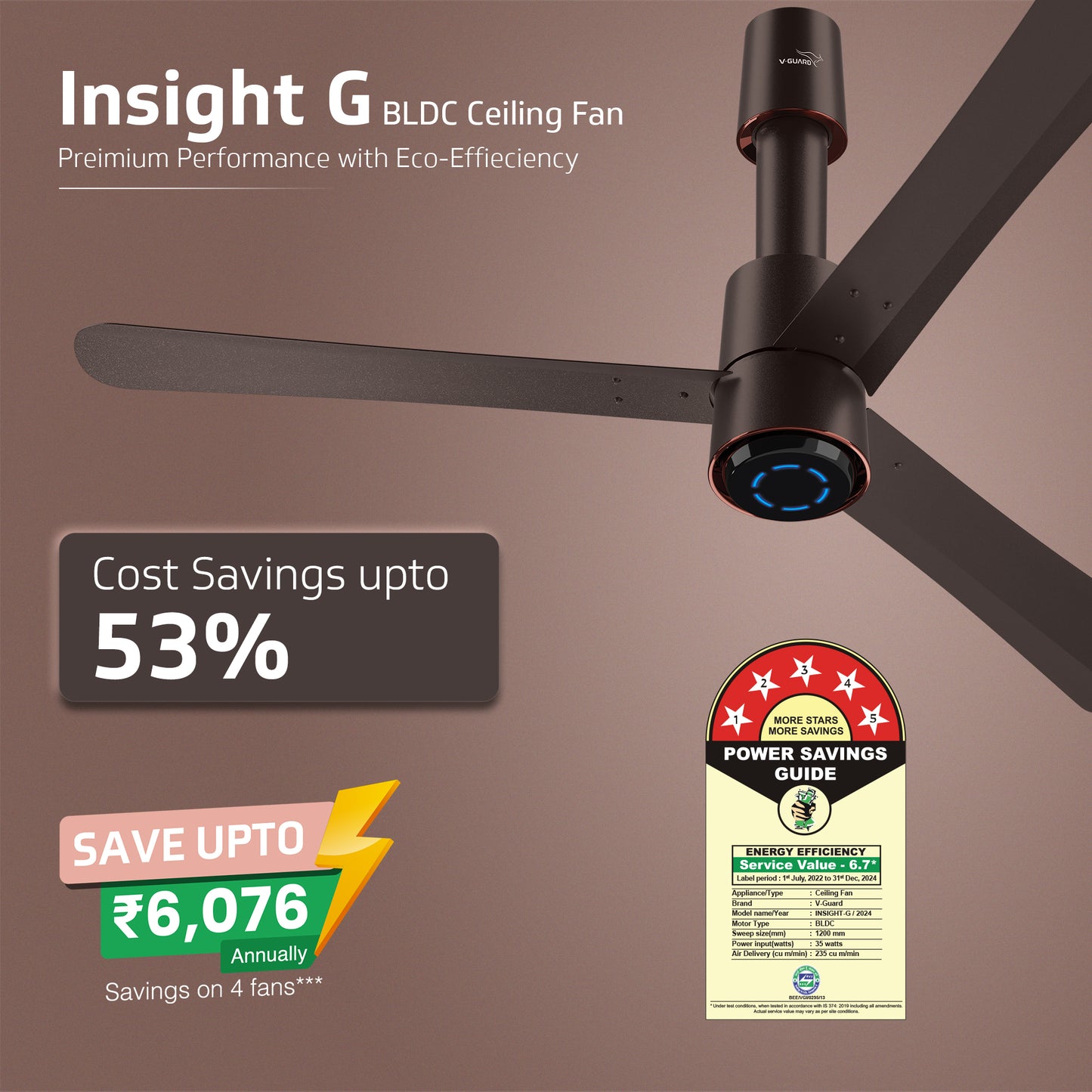 V-Guard INSIGHT-G Premium BLDC Ceiling Fan For Home | 6 Speed Settings | 5-Star Energy Saving | Convenient Remote Control | High-Speed 100% Copper Motor (Elegance Brown Matte)