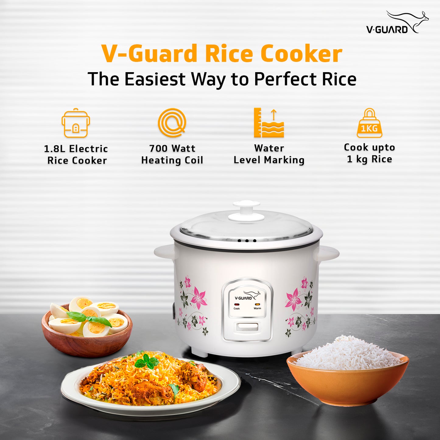 V-Guard VRC 1.8C Electric Rice Cooker, 1.8 Litre, 5 Year Heating Plate & 2 Year Product Coverage by V-Guard, Automatic Cooking with Warm & Cook Functions