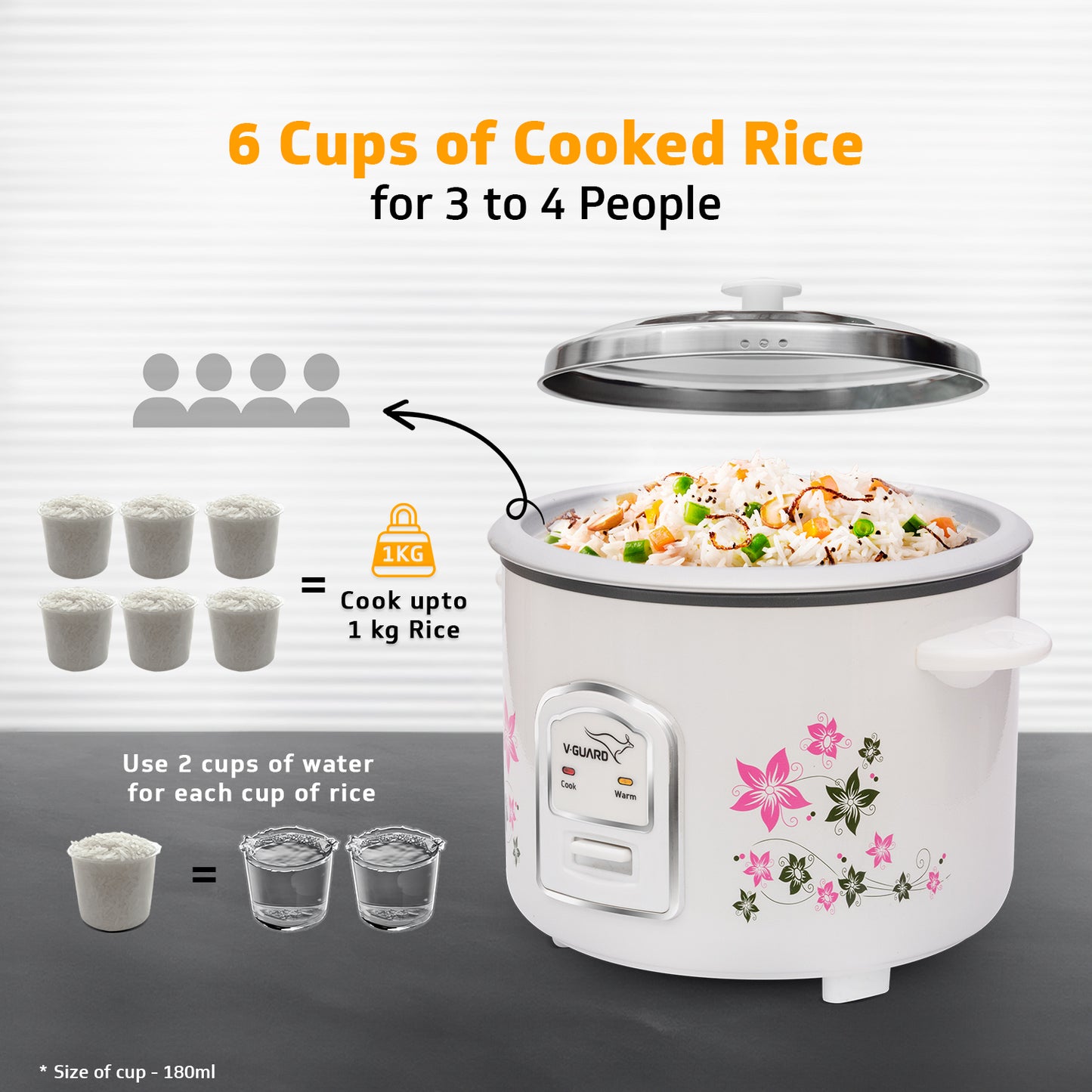 V-Guard VRC 1.8C Electric Rice Cooker, 1.8 Litre, 5 Year Heating Plate & 2 Year Product Coverage by V-Guard, Automatic Cooking with Warm & Cook Functions