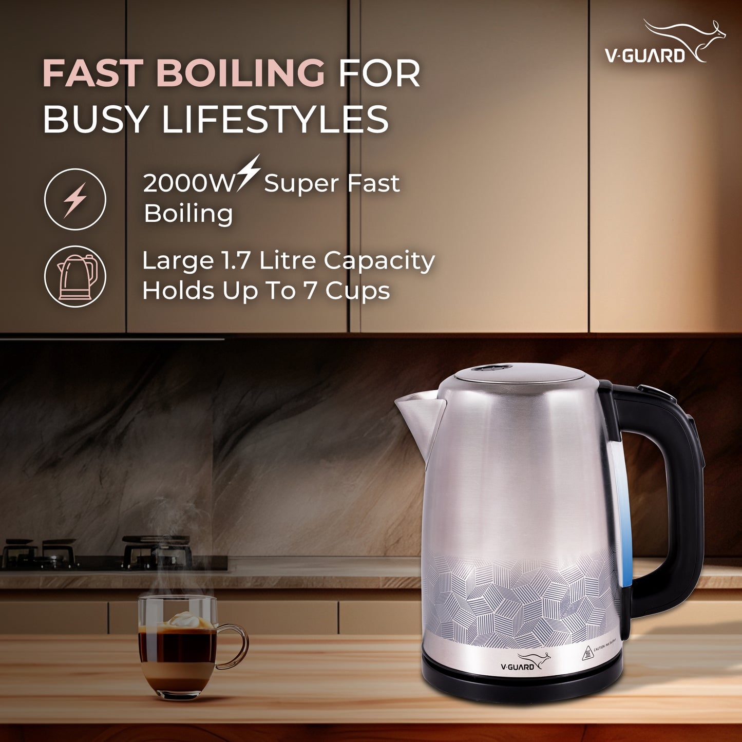 VKS17-DG Digital Electric Kettle 1.7 Litre with Digital Controls & Variable Temperature Settings | Multicolor LED indicators | Hot water kettle for Fast Boiling water