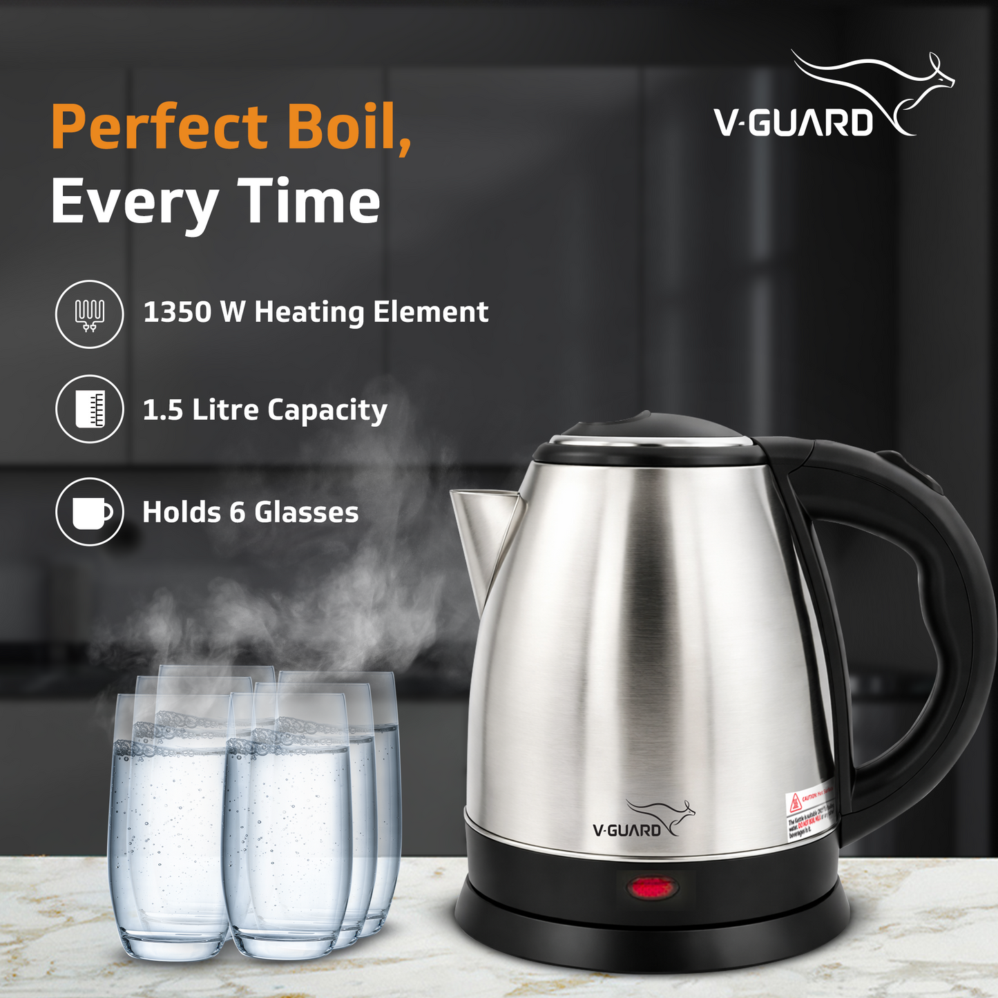 VKS15 Electric Kettle for hot water | 1.5 Litre 1500 watt, Stainless Steel Hot water kettle | Power Indicator | Auto cut-off