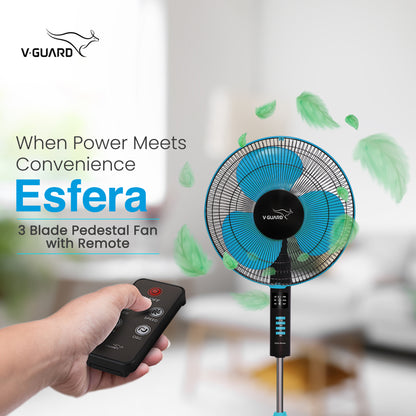 Esfera Pedestal Fan with Remote Control, In-built 7.5 Hour Timer Functionality, 40 cm, Blue Black