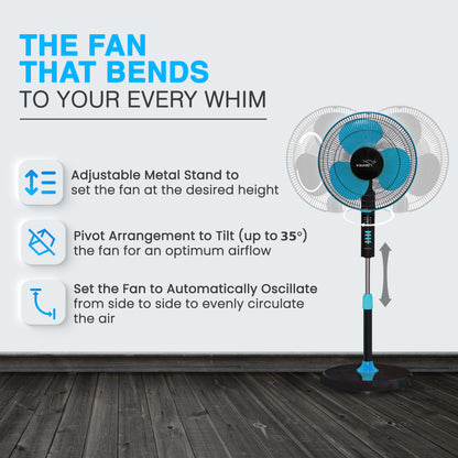 Esfera Pedestal Fan with Remote Control, In-built 7.5 Hour Timer Functionality, 40 cm, Blue Black