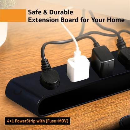 V-Guard Extension Board for Home & Office | 4+1 Power Strip with (MOV+Fuse) | 4 Universal Sockets | 1 Year Warranty | 5m Cord | 6A 1500VA Load | Fuse Protection | Wall Mountable | Master Switch