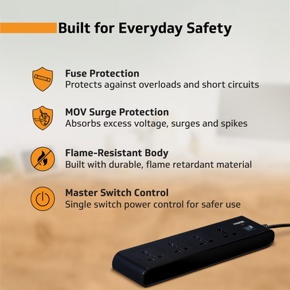 V-Guard Extension Board for Home & Office | 4+1 Power Strip with (MOV+Fuse) | 4 Universal Sockets | 1 Year Warranty | 1.5m Cord | 6A 1500VA Load | Fuse Protection | Wall Mountable | Master Switch