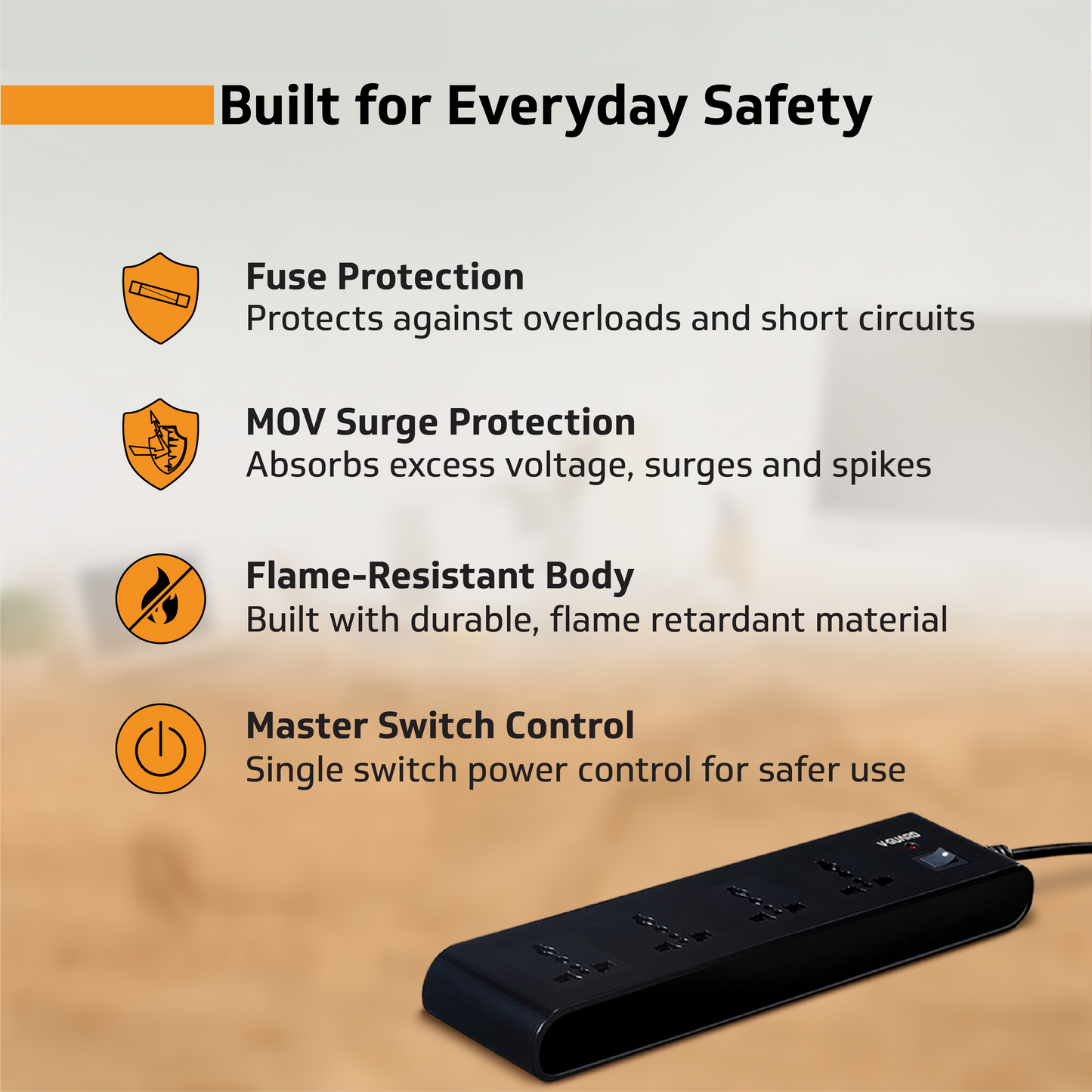 V-Guard Extension Board for Home & Office | 4+1 Power Strip with (MOV+Fuse) | 4 Universal Sockets | 1 Year Warranty | 5m Cord | 6A 1500VA Load | Fuse Protection | Wall Mountable | Master Switch