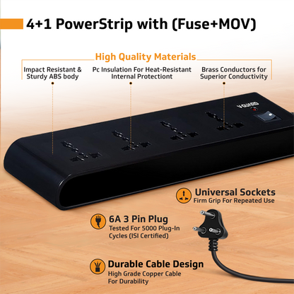 V-Guard Extension Board for Home & Office | 4+1 Power Strip with (MOV+Fuse) | 4 Universal Sockets | 1 Year Warranty | 5m Cord | 6A 1500VA Load | Fuse Protection | Wall Mountable | Master Switch