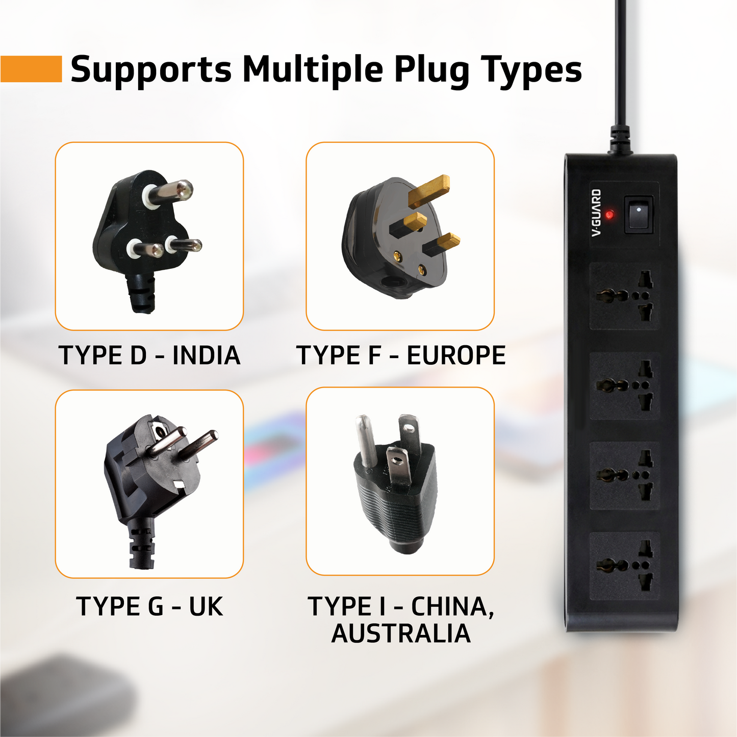 V-Guard Extension Board for Home & Office | 4+1 Power Strip with (MOV+Fuse) | 4 Universal Sockets | 1 Year Warranty | 5m Cord | 6A 1500VA Load | Fuse Protection | Wall Mountable | Master Switch