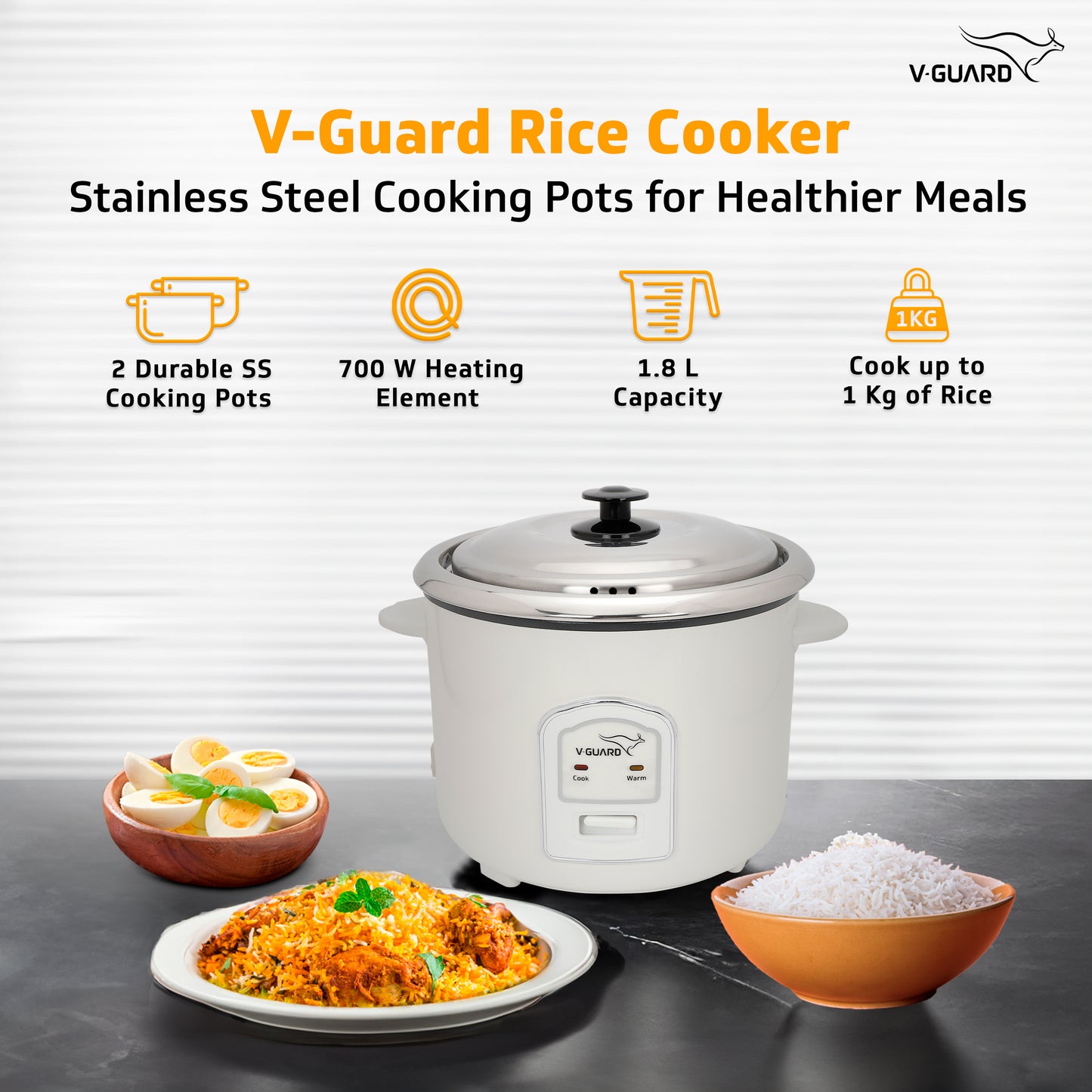 V-Guard VRCS 1.8-Litre Electric Rice Cooker with 2 Stainless Steel Pots, Spatula, Rice Separator | 5-Yr Heating Plate & 2-Yr Product Coverage by V-Guard | 700 W Power with Cook & Automatic Keep Warm Dual Cooking Modes