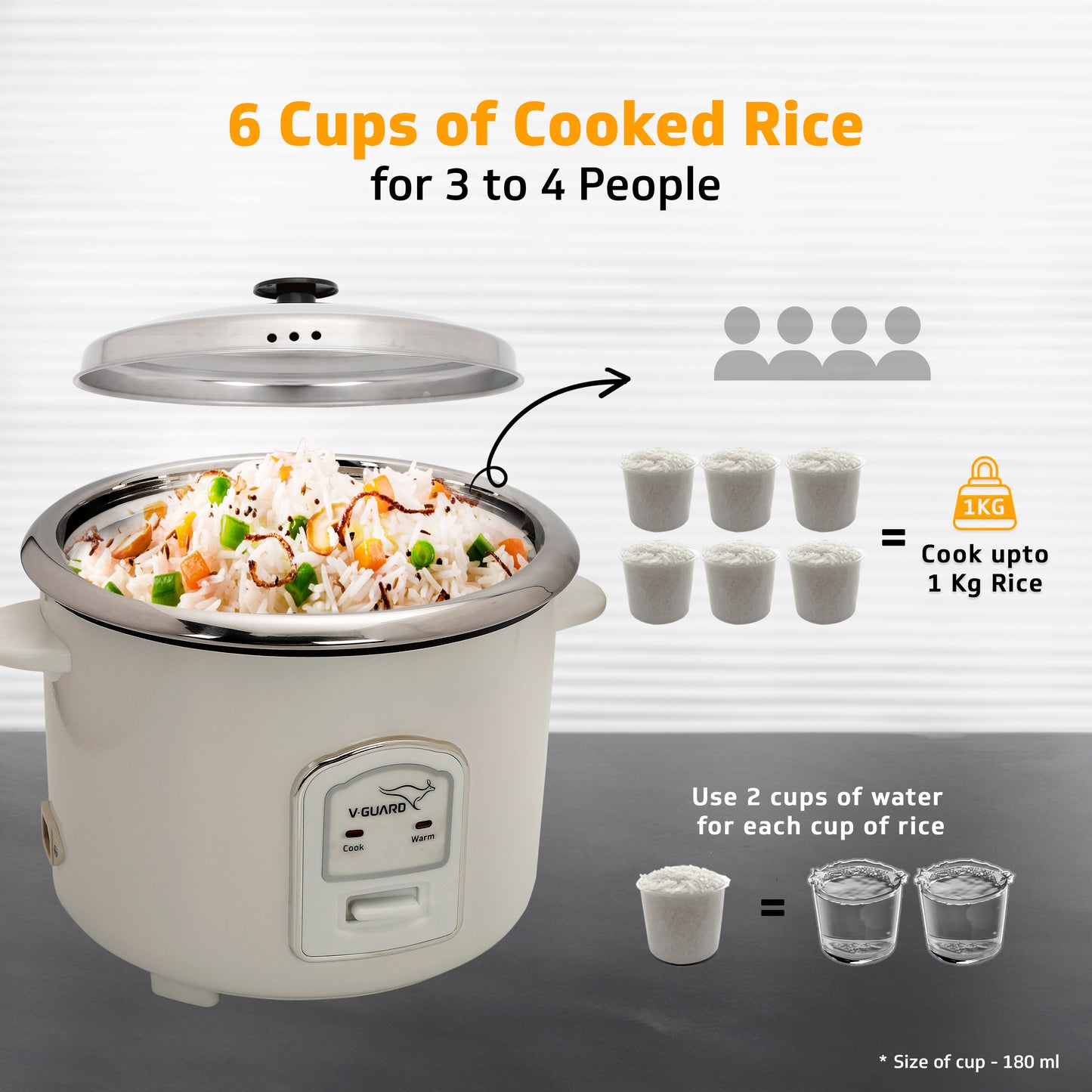 V-Guard VRCS 1.8-Litre Electric Rice Cooker with 2 Stainless Steel Pots, Spatula, Rice Separator | 5-Yr Heating Plate & 2-Yr Product Coverage by V-Guard | 700 W Power with Cook & Automatic Keep Warm Dual Cooking Modes