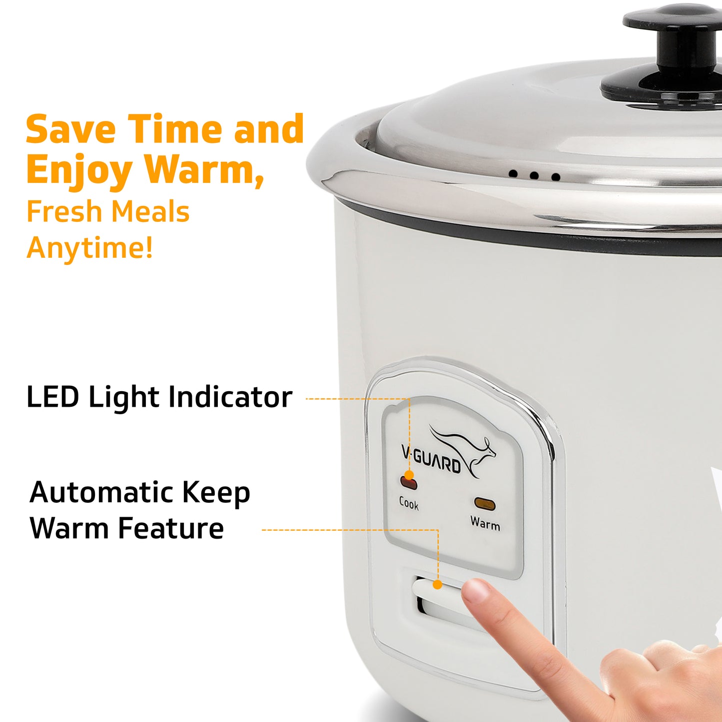 V-Guard VRCS 1.8-Litre Electric Rice Cooker with 2 Stainless Steel Pots, Spatula, Rice Separator | 5-Yr Heating Plate & 2-Yr Product Coverage by V-Guard | 700 W Power with Cook & Automatic Keep Warm Dual Cooking Modes