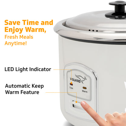 V-Guard VRCS 1.8-Litre Electric Rice Cooker with 2 Stainless Steel Pots, Spatula, Rice Separator | 5-Yr Heating Plate & 2-Yr Product Coverage by V-Guard | 700 W Power with Cook & Automatic Keep Warm Dual Cooking Modes