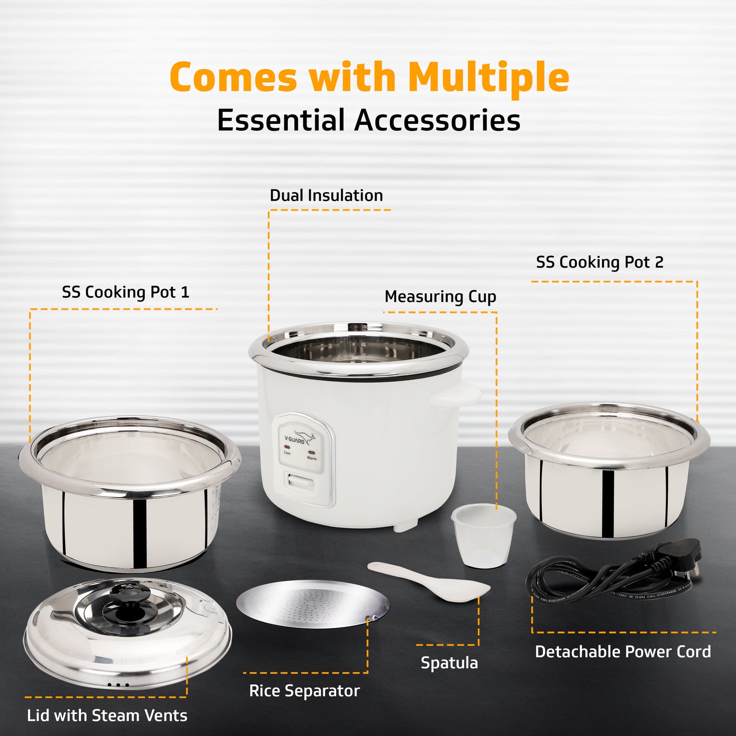 V-Guard VRCS 1.8-Litre Electric Rice Cooker with 2 Stainless Steel Pots, Spatula, Rice Separator | 5-Yr Heating Plate & 2-Yr Product Coverage by V-Guard | 700 W Power with Cook & Automatic Keep Warm Dual Cooking Modes